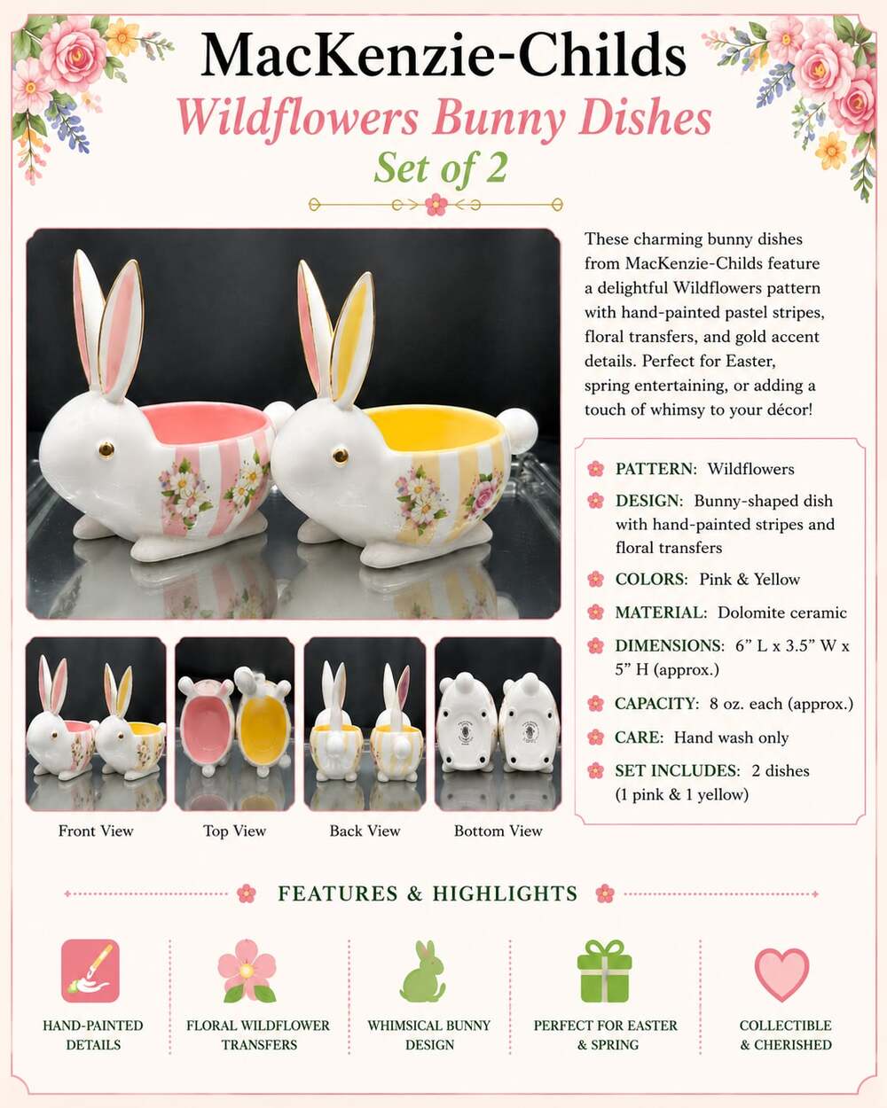 MacKenzie-Childs Wildflowers Ceramic Bunny Dishes Set of 2